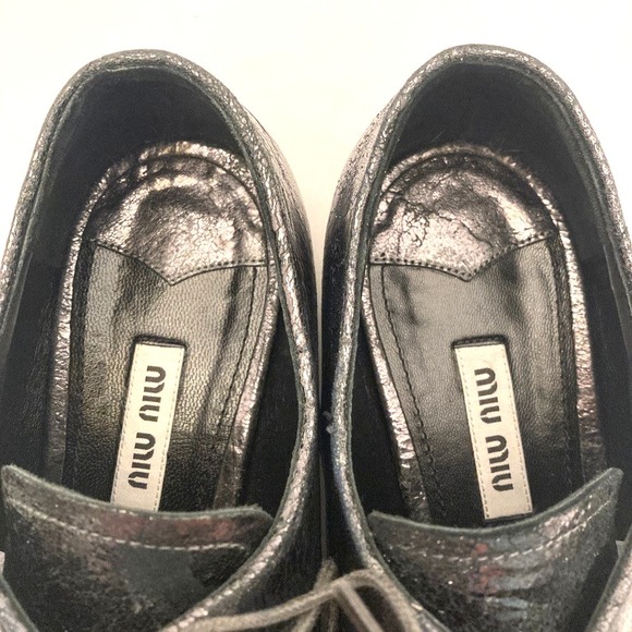 Miu Miu Oxford Lace Up Waxed Leather Metallic Crinkle Womens‎ 9.5 EU 39.5 - Picture 5 of 11